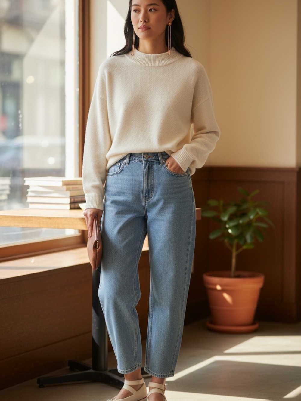 Italian ivory wool-blend mock-neck Sweater by Renzo med